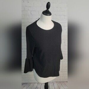 W5 Women's Black Blouse Textured Polka Dot Flare Sleeves Sz Sm Back Gold Zip